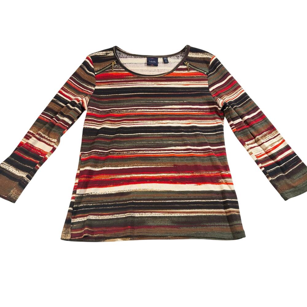 Rafaella womens 3/4 sleeve striped shirt. Zipper detail at shoulder, Size PXS